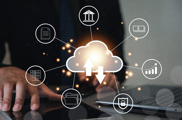 digital screen interface displaying chart graph icons big data analytics business intelligence concept with a businessman analysing financial data cloud computing